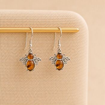 Sterling Silver Baltic Amber Bee Drop Earrings, 4 of 6