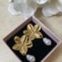 Gold Flower Pearl Drop Earrings, thumbnail 4 of 6