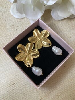 Gold Flower Pearl Drop Earrings, 4 of 6