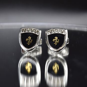 Ferrari Shield Cufflinks Luxury Car Gift For Men Black And Gold Design, 6 of 6