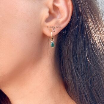 Emerald Charm Earrings In Silver And Gold On Bamboo Hoops, 2 of 5