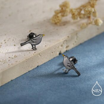 Little Black Bird Stud Earrings In Sterling Silver With Yellow Beak, 3 of 10