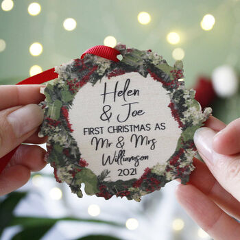 First Christmas As Mr And Mrs Wooden Wreath Ornament, 2 of 7