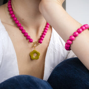 Barbie Pink Bead And Olive Flower Toggle Necklace, 2 of 5