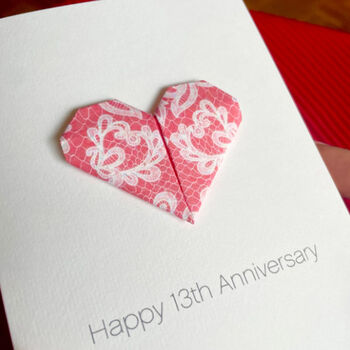 Personalised 13th Lace Anniversary Origami Heart Card, 2 of 6