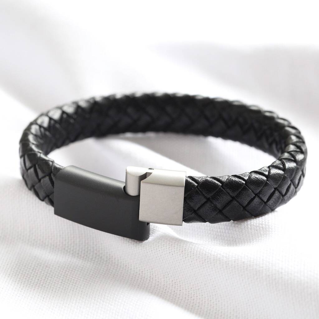 Men's Woven Leather Bracelet With Black And Grey Clasp By Lisa Angel