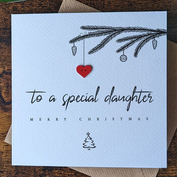 Personalised Christmas Card For Daughter, Handmade Card With Red Wooden Heart, 2 of 4