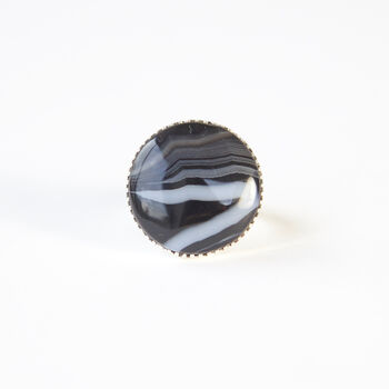 Black Banded Round Agate Gemstone Ring Set In Silver, 3 of 7