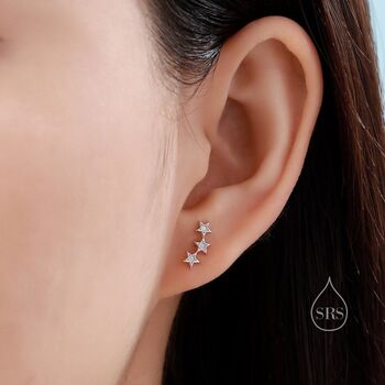 Sterling Silver Tiny Star Trio Stud Earrings, 2 of 9