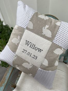 White Rabbits Name And Date Cushion, 4 of 5