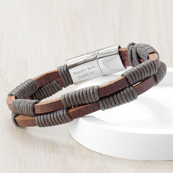 Personalised Men's Brown Leather Twisted Cord Bracelet, 2 of 5