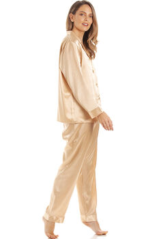 British Made Gold Satin Long Sleeved Pyjama Set, 3 of 5
