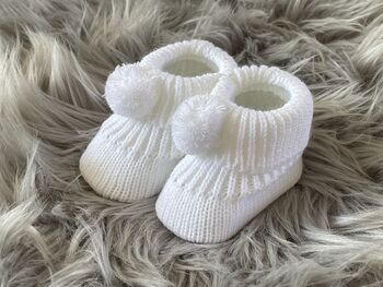 White Knitted Baby Booties With Pom Pom, 5 of 9