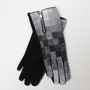 Merino Wool Gloves In Check With Zip Detail, 8 of 12