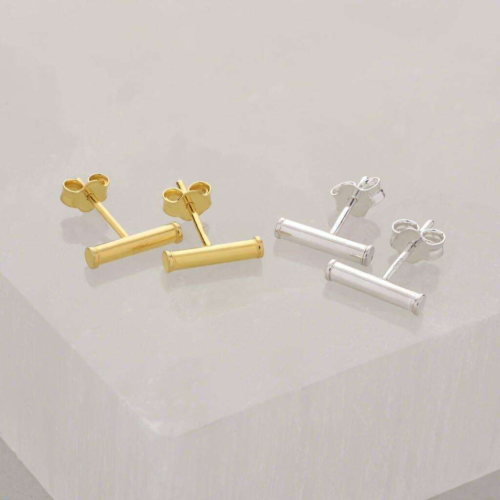 Bar Stud Earrings Sterling Silver And 18ct Gold Plated, 1 of 4