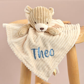 Personalised Beige Ribbed Teddy Bear Baby Comforter, 5 of 8