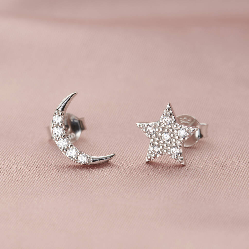 Moon And Star Stud Earrings With Cubic Zirconia By Posh Totty Designs ...