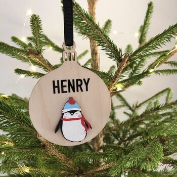 Personalised Wooden Penguin Bauble Tree Decoration, 2 of 2