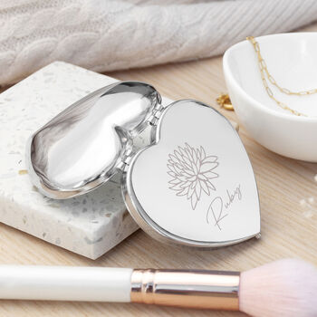 Custom Silver Plated Birth Flower Heart Compact Mirror, 3 of 12