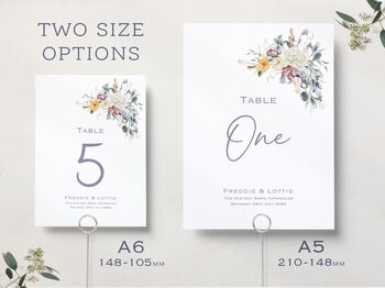 Wedding Table Numbers Burgundy Blue White Florals, 2 of 3