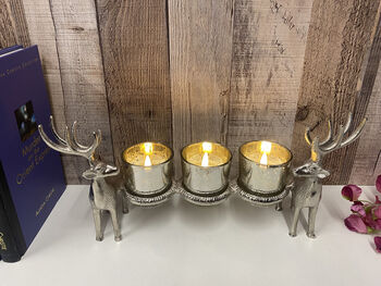 Silver Stag Triple Tealight Holder Metal And Glass Ornament Candle Holder, 8 of 8