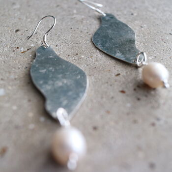 Handmade Hammered Silver And Freshwater Pearl Earrings, 2 of 3