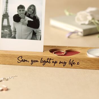 Personalised Candle And Photo Stand, With Red Leather Heart Jewellery Tray – Romantic Valentine’s Gift, 3 of 7