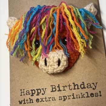 Rainbow Highland Cow Crochet Birthday Card Handmade Sprinkles, 7 of 7