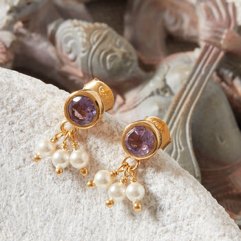 Purple Amethyst And Pearl 18 K Gold And Silver Stud Drops, 5 of 7
