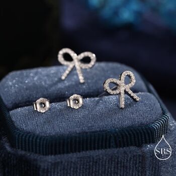Sterling Silver Cz Ribbon Bow Stud Earrings, 6 of 12