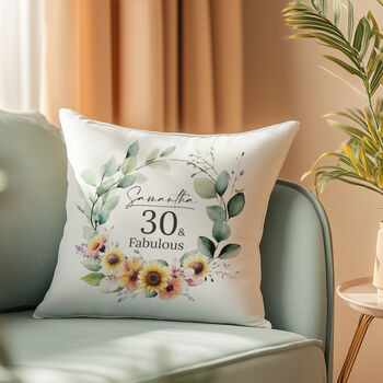 '30 And Fabulous' Personalised Birthday Cushion With Birth Flowers, 2 of 7