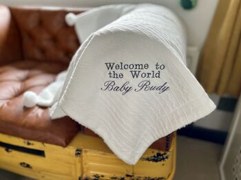 Personalised Coffee Knitted Baby Blanket With Pom Pots, 2 of 10