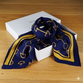 Equestrian Snaffle Bit Print Scarf | Navy Blue And Yellow, 9 of 10
