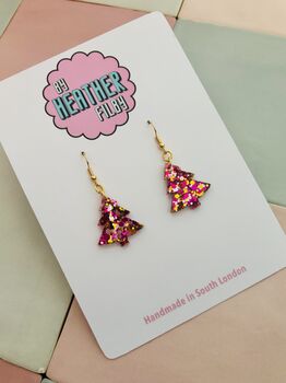 Pink And Gold Christmas Tree Glitter Resin Earrings / Pink Christmas Jewellery / Christmas Gift / Bold Sparkly Pink Holiday Accessory, 9 of 12