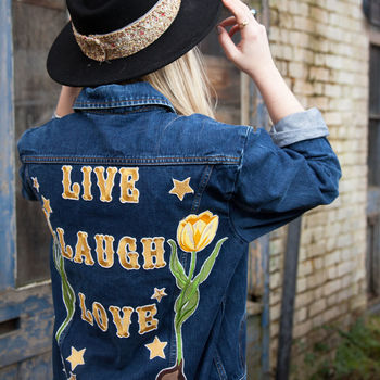 'Live, Laugh, Love' Tulip Embroidered Denim Jacket, 3 of 5
