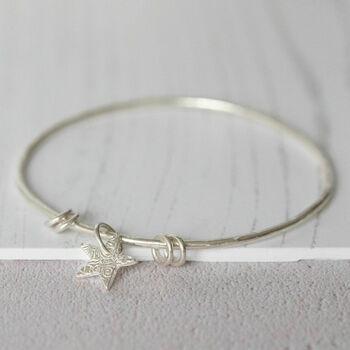 Sterling Silver Textured Star Charm Bangle, 5 of 7