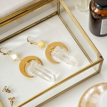 Gold Plate Sun And Moon Raw Quartz Crystal Earrings, 3 of 4