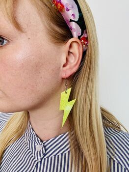 Neon Green Glitter Lightning Bolt Earrings Small And Large / Cyber Rave / Electric Festival Jewellery / Gift For Colour Lovers, 8 of 9