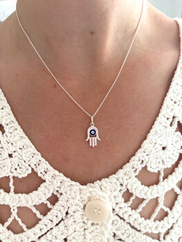 Sterling Silver Hamsa Hand Necklace With Evil Eye, 2 of 8