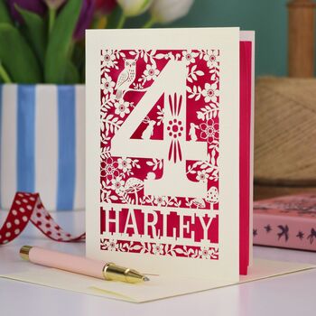 Personalised 4th Birthday Card Papercut Woodland Design, 7 of 7