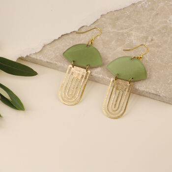 Jade Brass Art Deco Acrylic Gold Plated Fan Drop Earrings, 2 of 3
