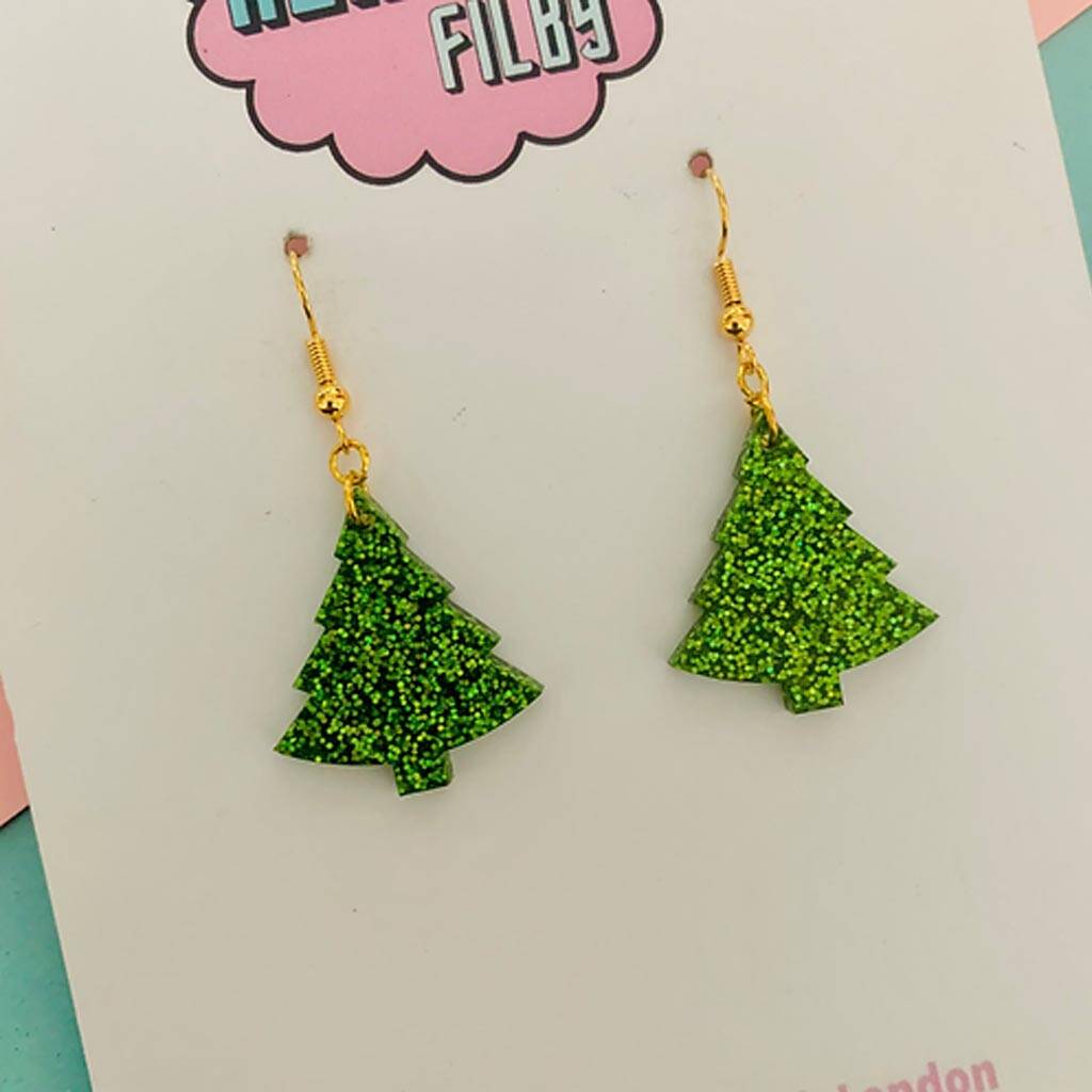 Light Green Glitter Christmas Tree Earrings Small And Large By By