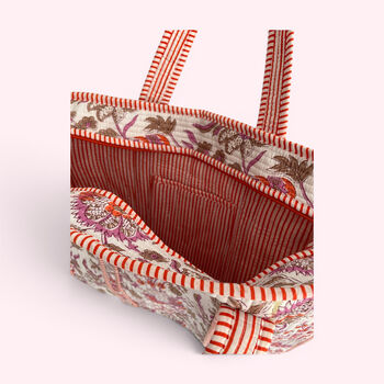Pink And Orange Floral Quilted Cotton Tote Bag, 3 of 4