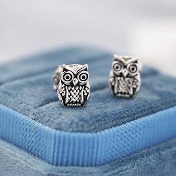 Owl Stud Earrings In Sterling Silver, 2 of 10
