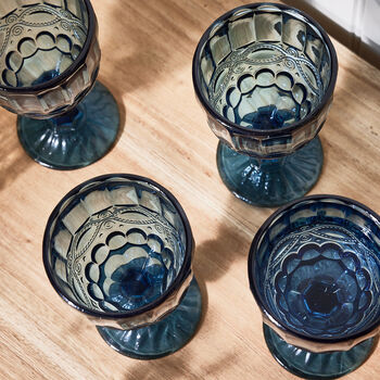 Set Of Four Sapphire Blue Glass Wine Goblets, 2 of 5
