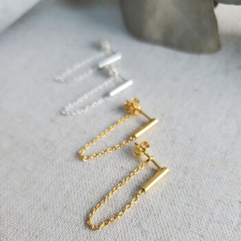 Gold Vermeil Bar And Chain Dangle Ear Stud Earrings, 3 of 7