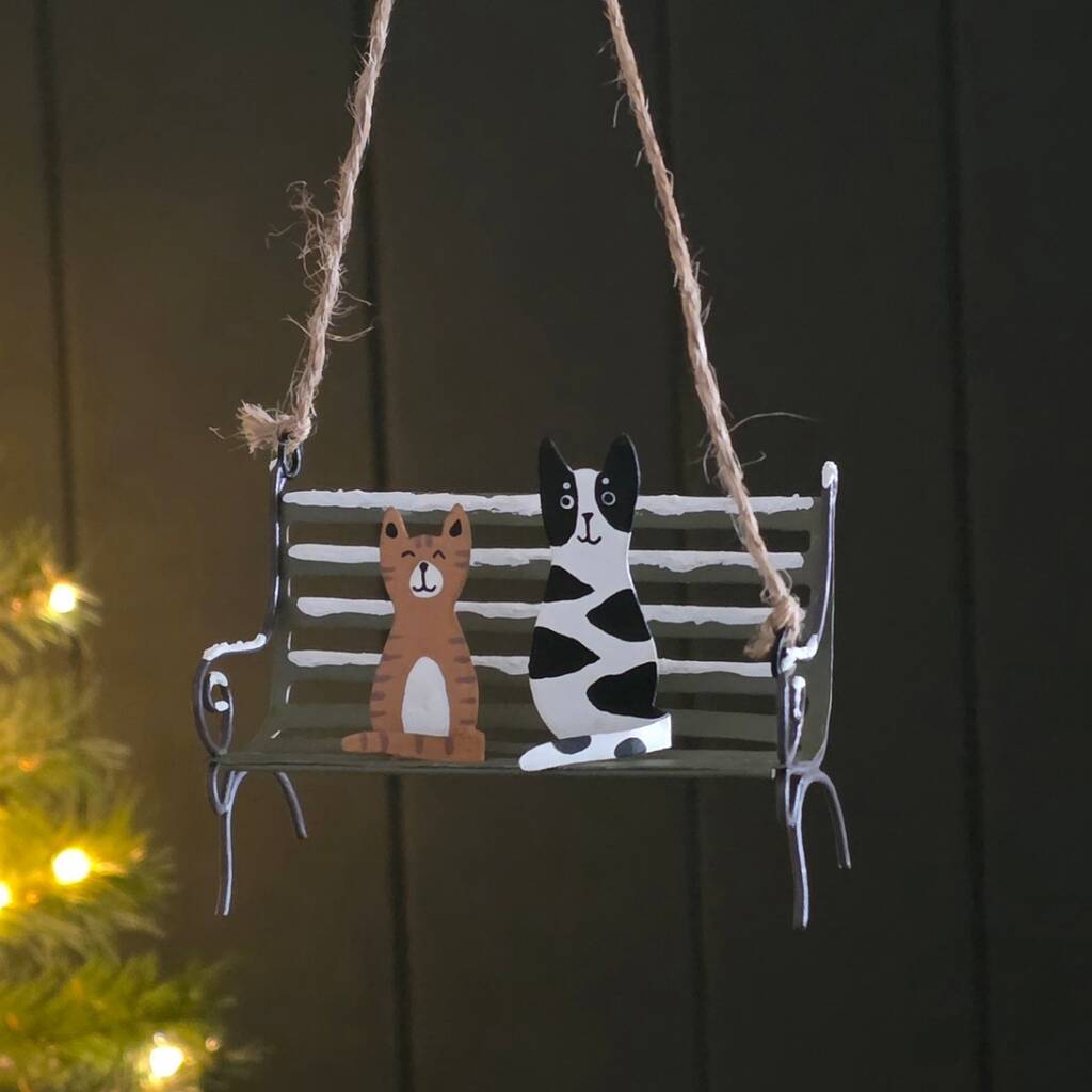 Cats On A Park Bench Hanging Christmas Decoration, 1 of 2