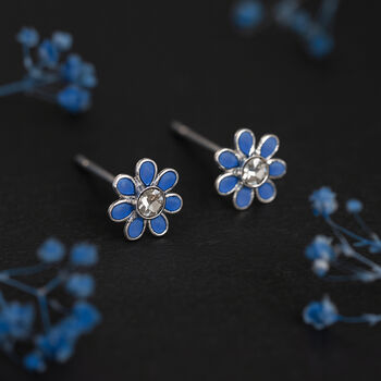 Sterling Silver Blue Forget Me Not Flower Tiny Stud Earrings, 5 of 10