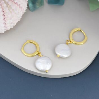 Coin Baroque Pearl Huggie Hoop Earrings, 4 of 11