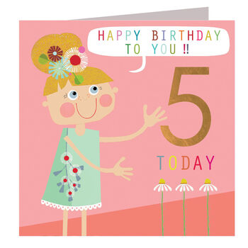 Copper Foiled Flower Girl 5th Birthday Card, 2 of 5